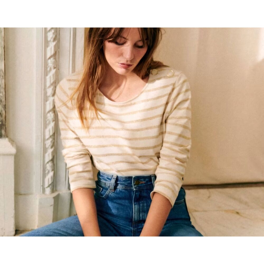 Sezane Cream and Tan Striped Short Sleeve Tee